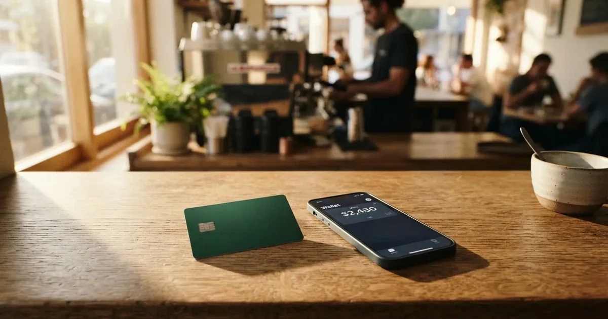 Several payment cards fanned out next to a phone with a crypto wallet app